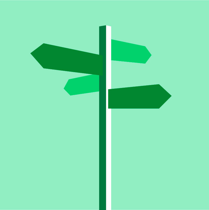 A dark green signpost with four different arrows on a light green background.