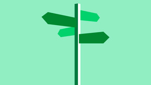 A dark green signpost with four different arrows on a light green background.