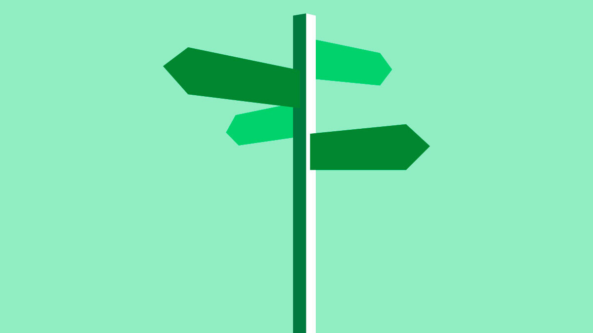 A dark green signpost with four different arrows on a light green background.