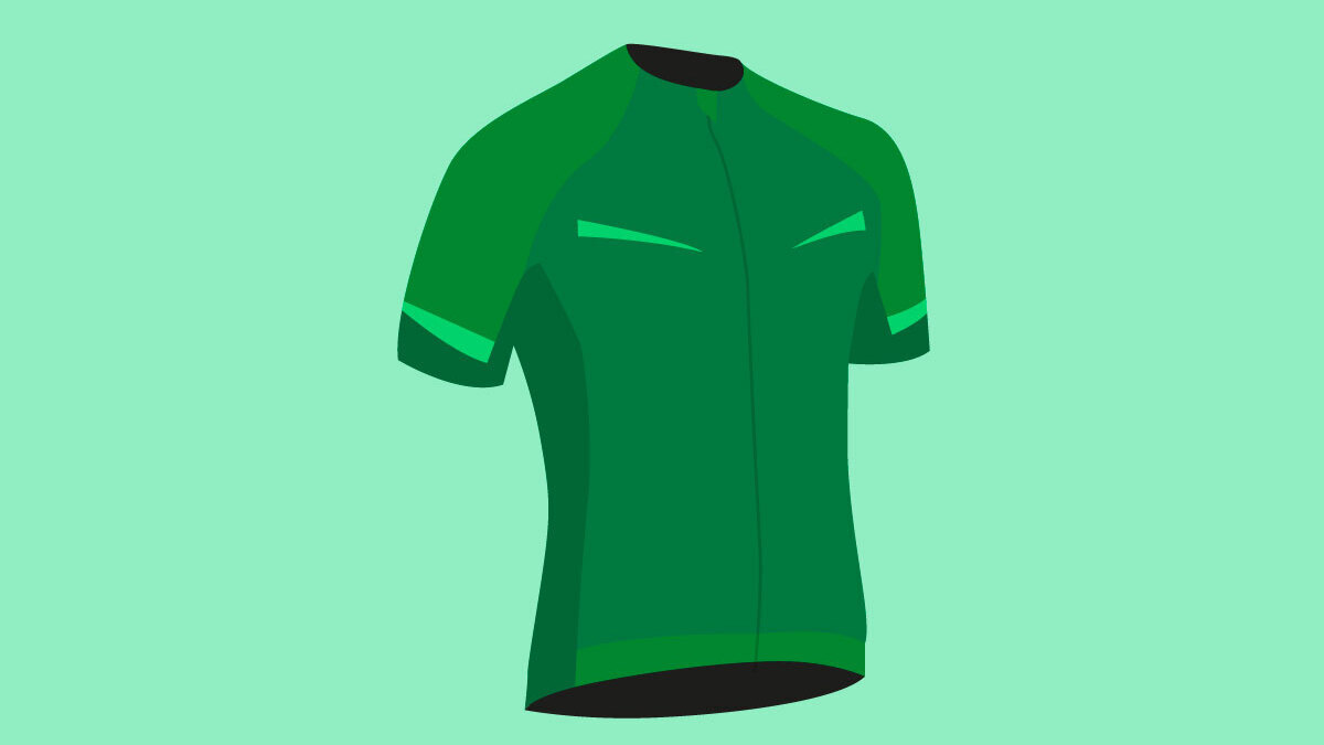 A dark green cycling top on a light green background.