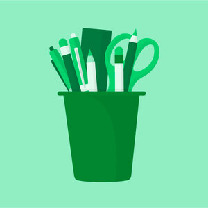 A dark green stationary pot on a light green background.