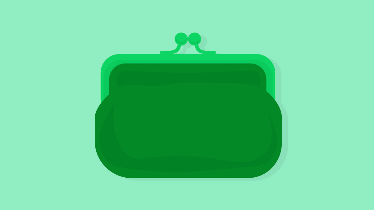 A dark green purse on a light green background.