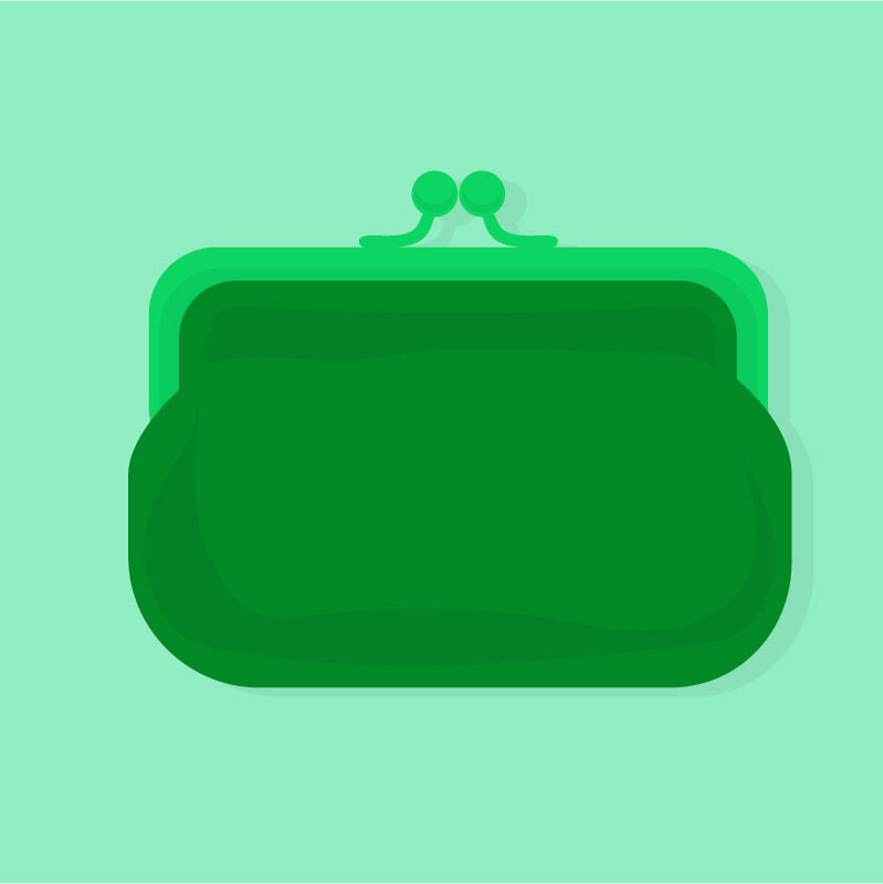 A dark green purse on a light green background.