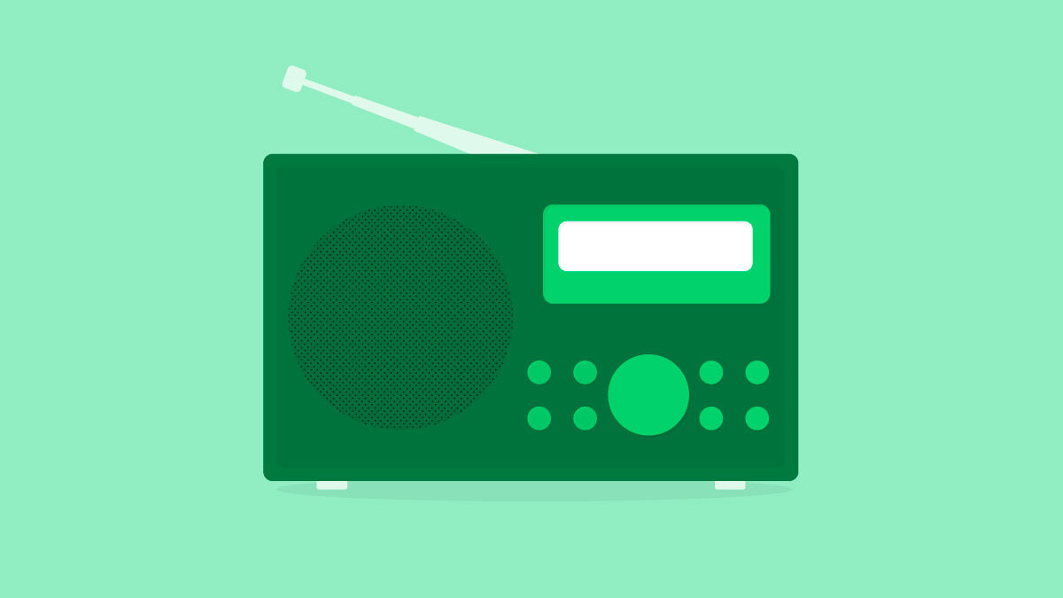 Illustration of a dark green radio on a light green background.