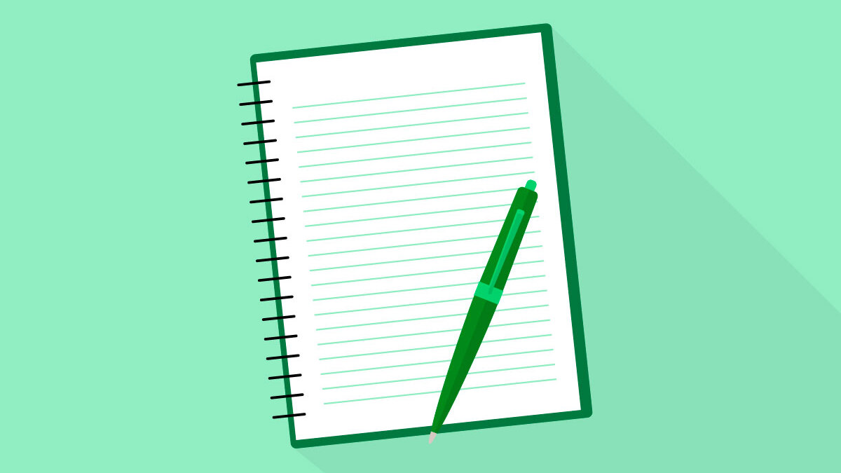 A lined notebook with a dark green ballpoint pen on a light green background.