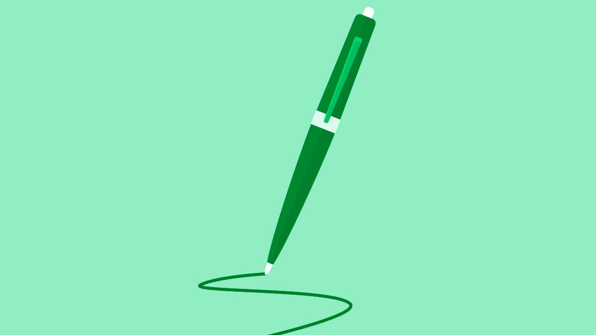 A dark green pen on a light green background.
