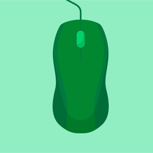 A dark green computer mouse on a light green background.