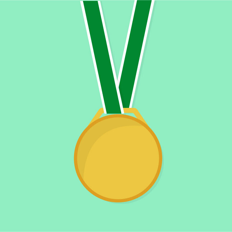 A gold medal with a dark green strap on a light green background.