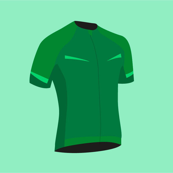 A dark green cycling top on a light green background.