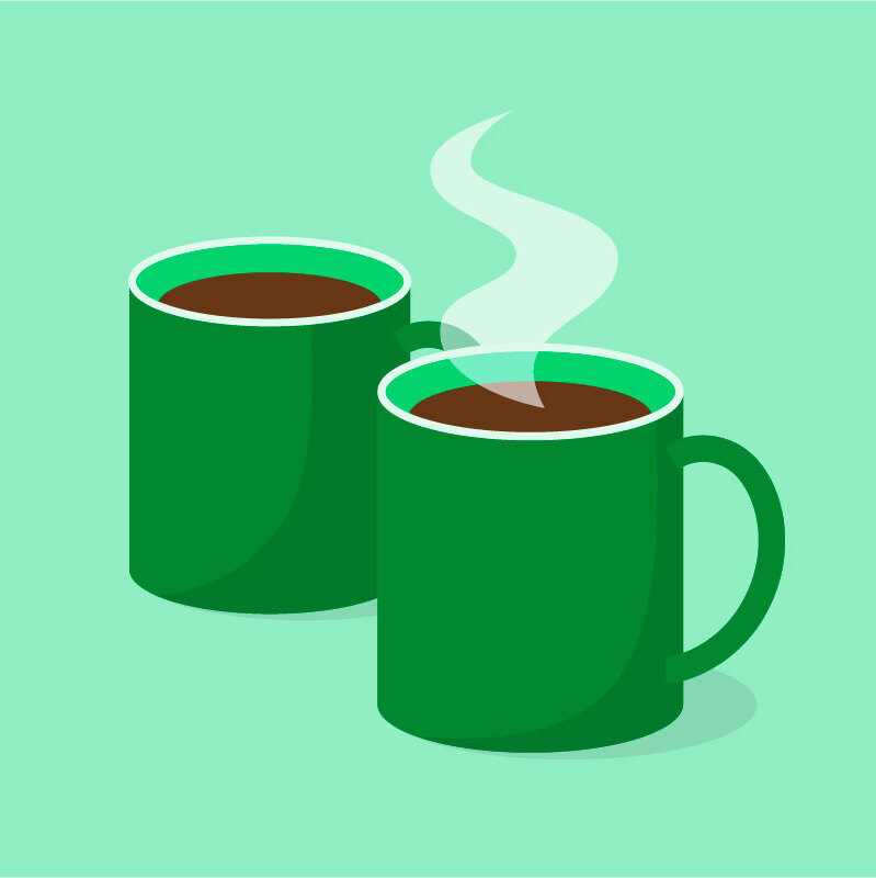 Two dark green mugs on a light green background.