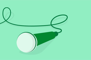 A dark green microphone on a light green background.