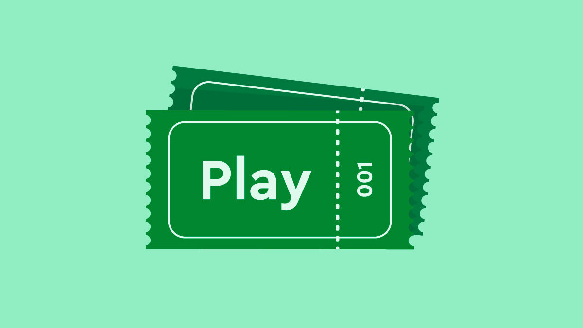 A dark green raffle ticket with the word 'Play' on it on a light green background.