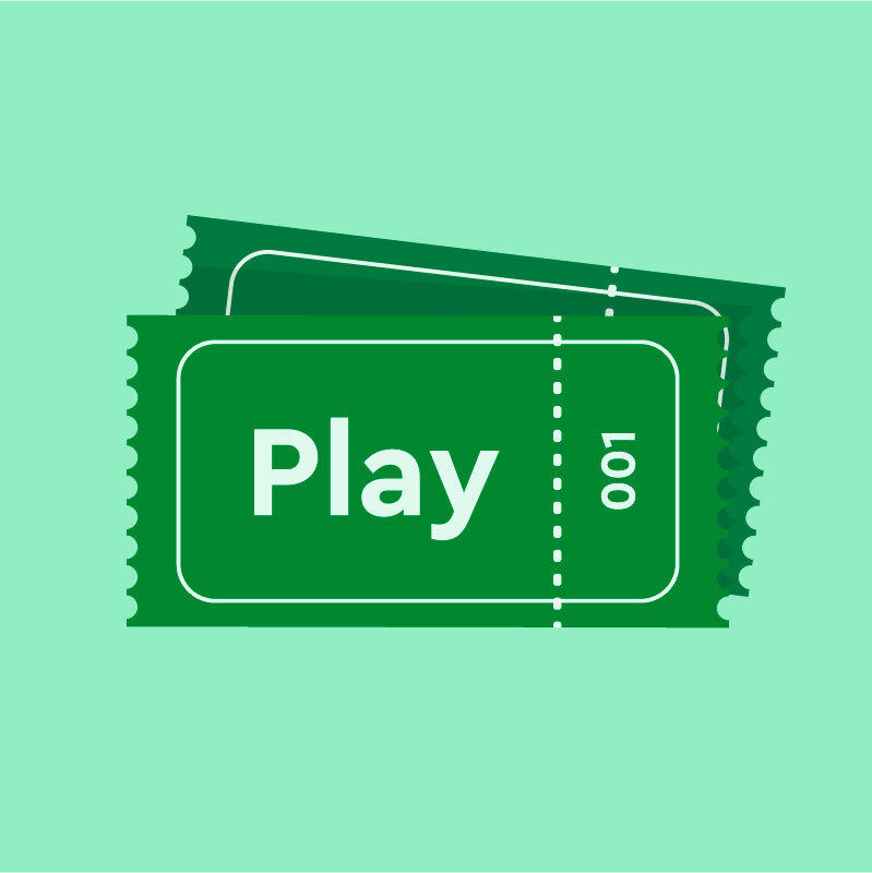 A dark green raffle ticket with the word 'Play' on it on a light green background.