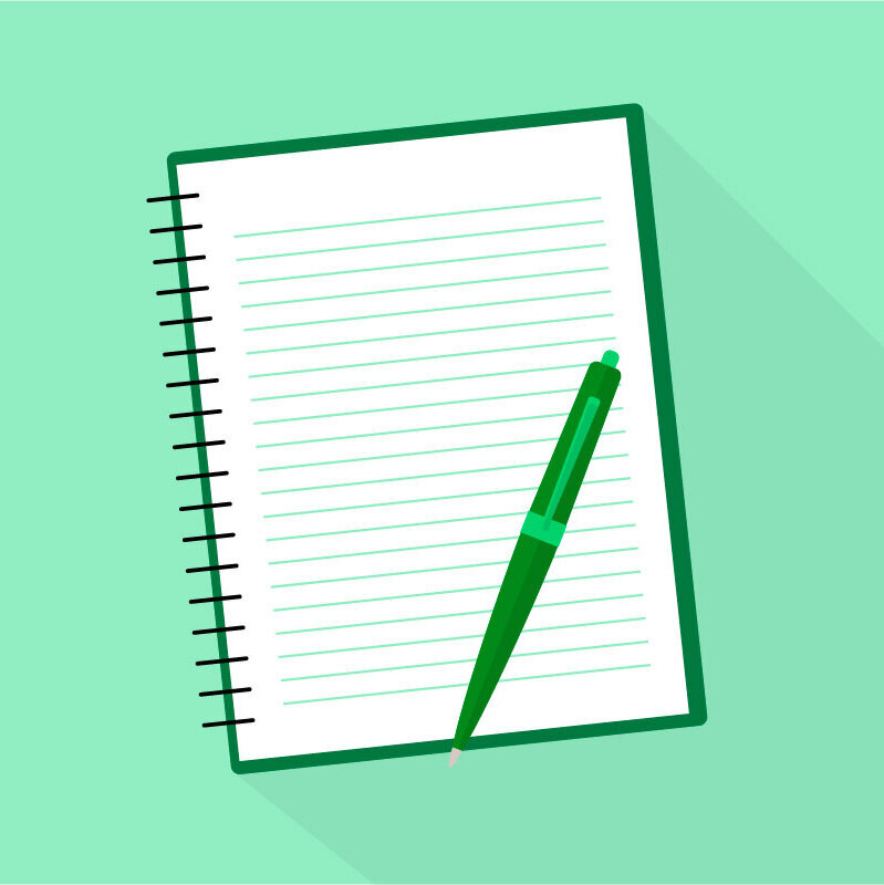 A lined notebook with a dark green ballpoint pen on a light green background.