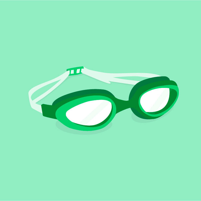 Dark green and white swimming goggles on a light green background.
