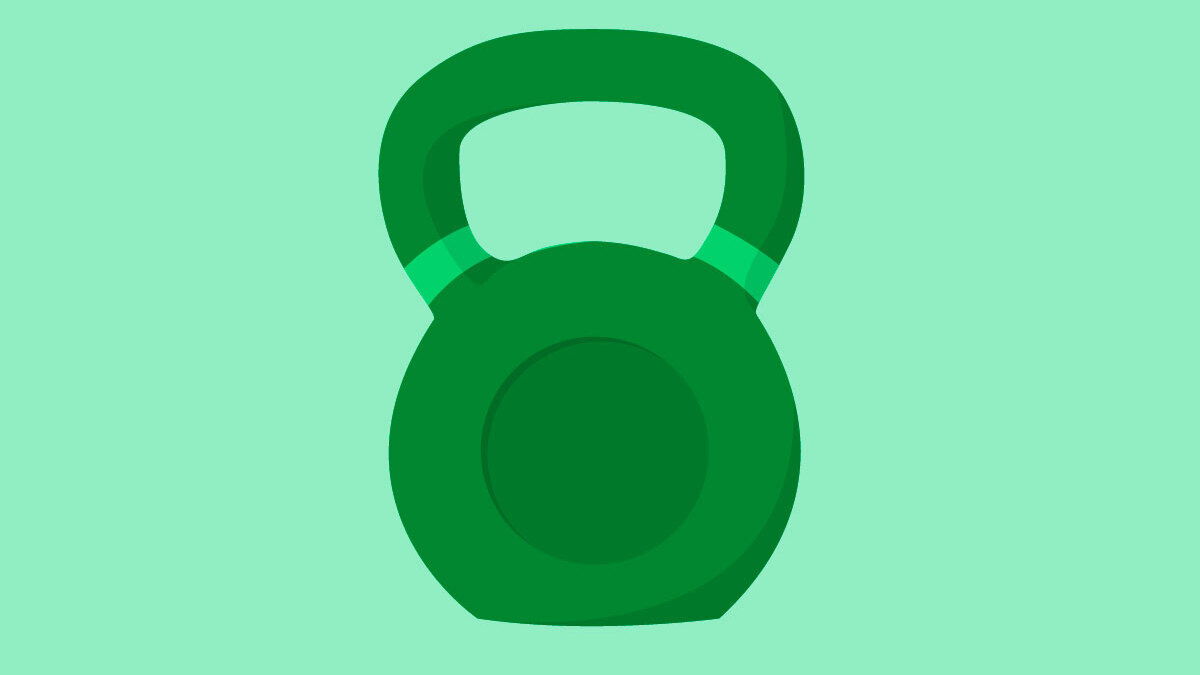 A dark green kettlebell on a light green background.