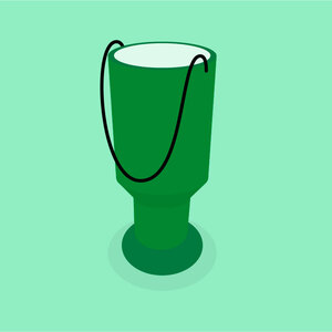 A dark green money collection tin on a light green background.