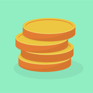 A stack of four gold coins on a light green background.