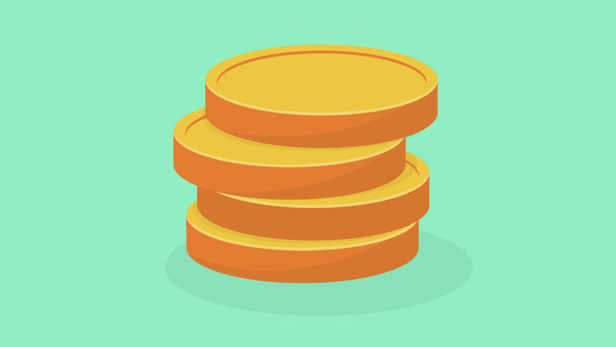 A stack of four gold coins on a light green background.
