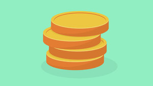 A stack of four gold coins on a light green background.