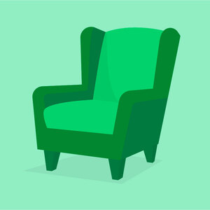 A dark green armchair on a light green background.