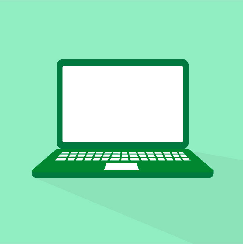 A dark green laptop on a light green background.