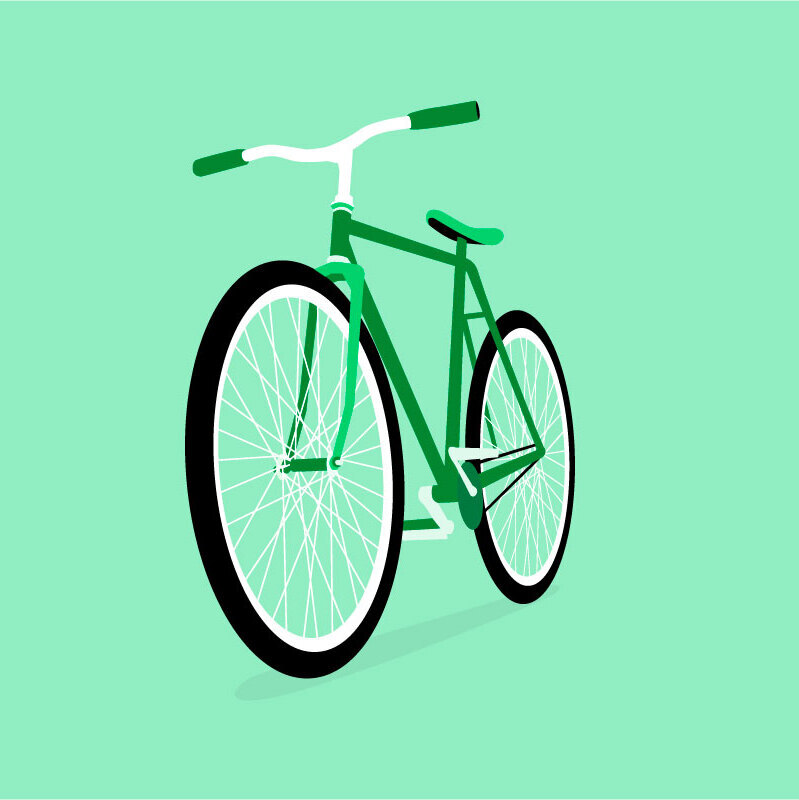 A dark green bike on a light green background.