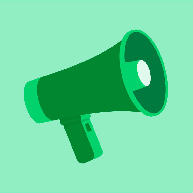 A dark green megaphone on a light green background.