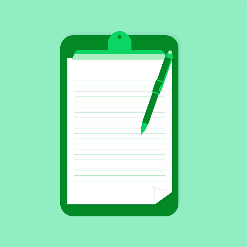 A dark green clipboard and pen with white lined paper on a light green background.
