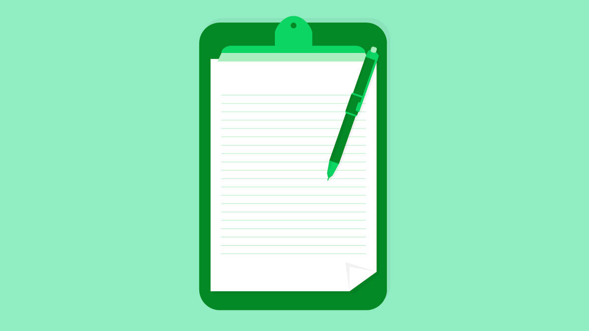 A dark green clipboard and pen with white lined paper on a light green background.