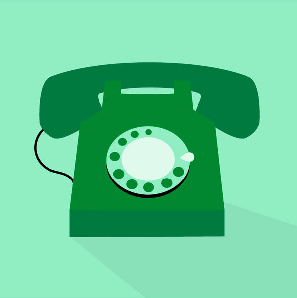 A dark green rotary phone on a light green background.