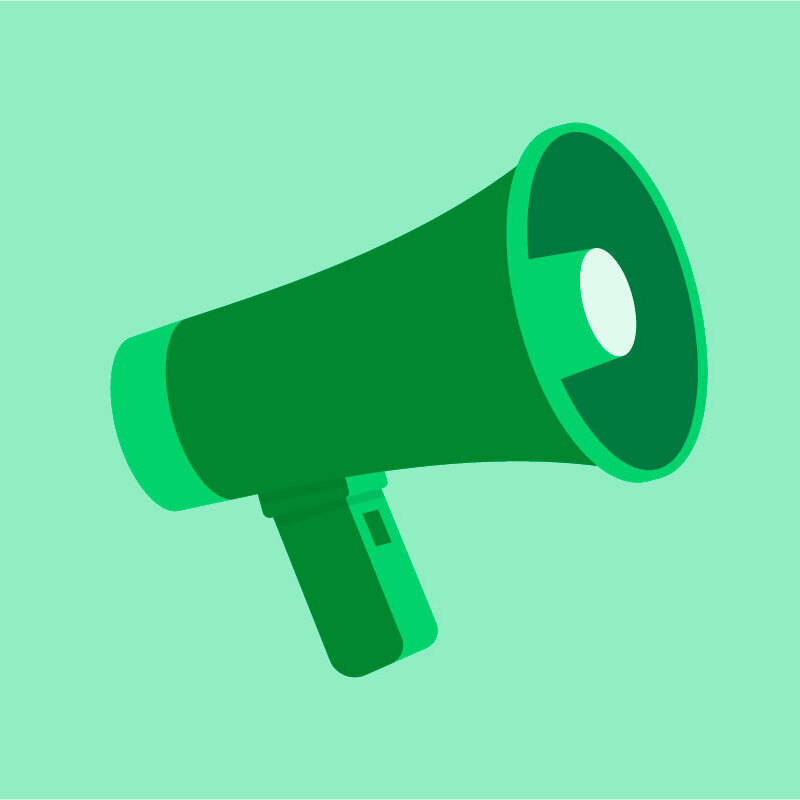 A dark green megaphone on a light green background.