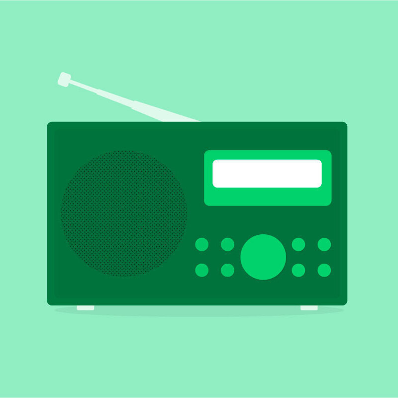 Illustration of a dark green radio on a light green background.