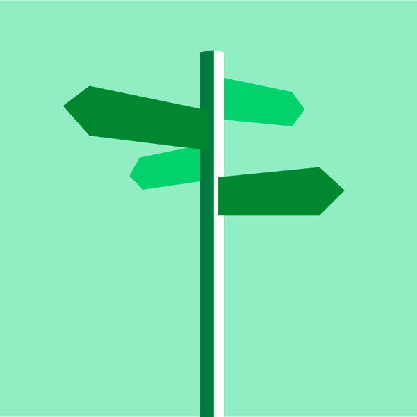 A dark green signpost with four different arrows on a light green background.