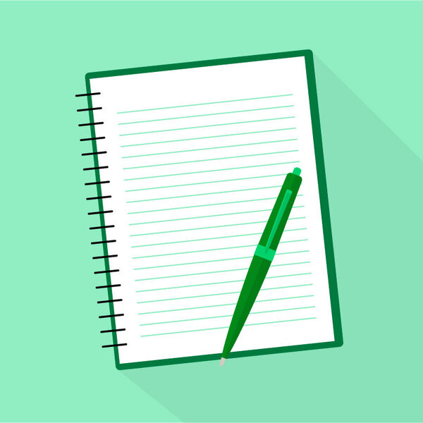 A lined notebook with a dark green ballpoint pen on a light green background.
