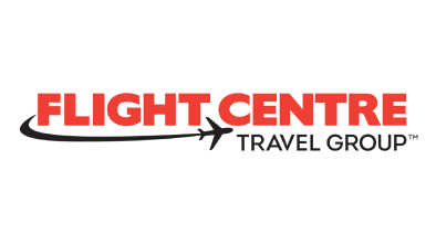 The Flight Centre Travel Group logo in red capitalised letters. The text has a black aeroplane around it.