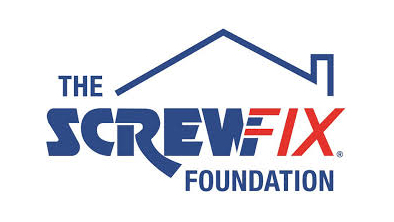 The Screwfix Foundation logo in red and blue letters. There is an illustration of a roof above the letters.