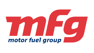 The Motor Fuel Group logo. The letters 'MFG' are in red capital letters. The text below reads 'Motor Fuel Group' in blue letters.