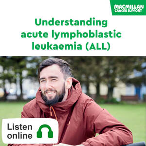 Cover image of audiobook Understanding acute lymphoblastic leukaemia (ALL). A man in a waterproof jacket sits on a park bench and smiles at something off camera. He has dark hair and a beard.