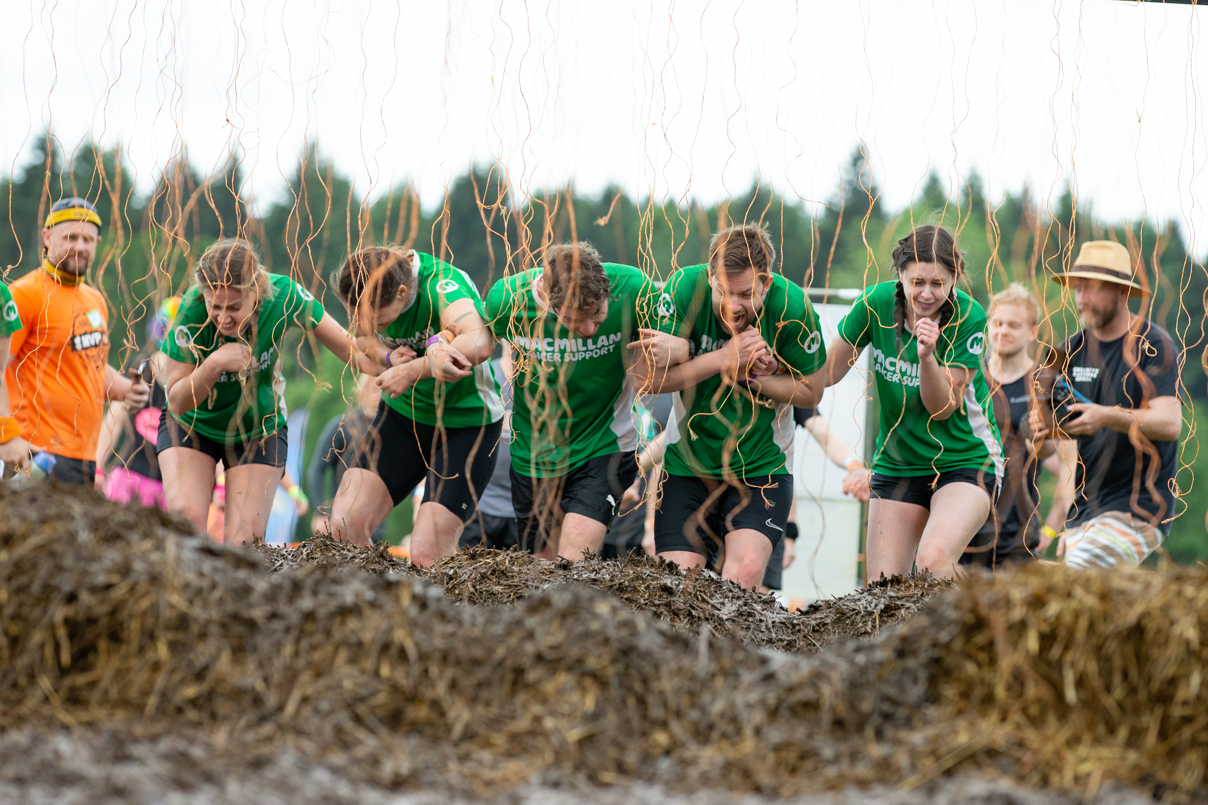 A group of people moving through coloured string and hay,